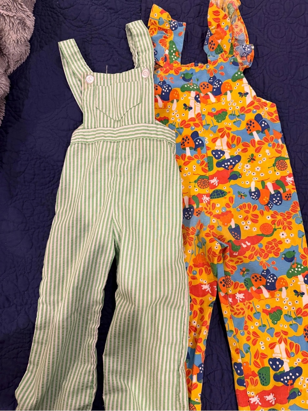 Kids Green Stripe Overalls & Yellow Mushroom Floral Set. 1970s handmade
